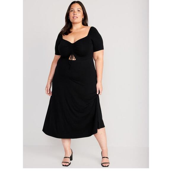 Old Navy Black Midi Dress Short Sleeve Sz 4X Jersey Stretchy Ruched Sweetheart - Picture 1 of 8